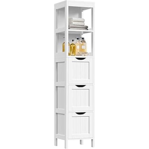 Yaheetech Bathroom Tall Cabinet, Slim Storage Cabinet, Narrow Freestanding Floor Cabinet with 3 Drawers & 2 Shelves, Linen Tower for Small Space, 12" D x 12" W x 56" H, White