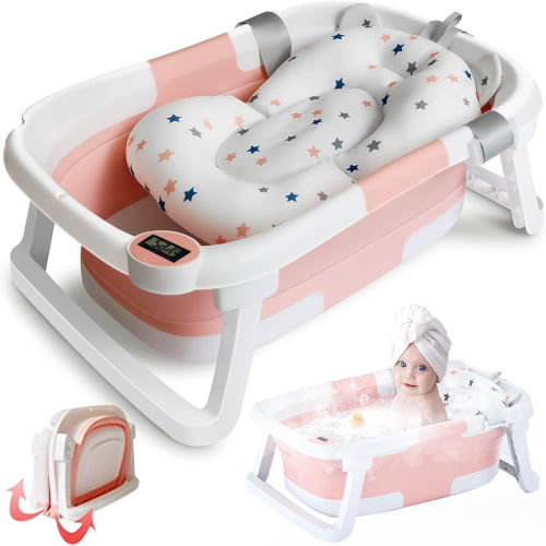 Morfone Collapsible Baby Bathtub, Baby Bath Tub with Soft Cushion & Thermometer, Baby Bathtub Newborn to Toddler 0-36 Months, Portable Travel Baby Tub, Pink