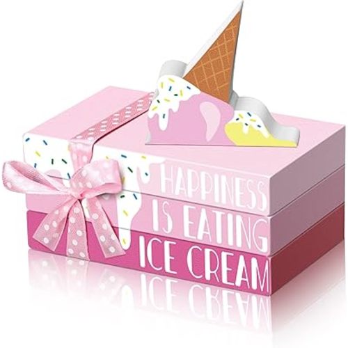 4 Pieces Summer Ice Cream Tiered Tray Decor Mini Wood Book Stack Ice Cream Table Signs Decoration Summer Farmhouse Table Decor