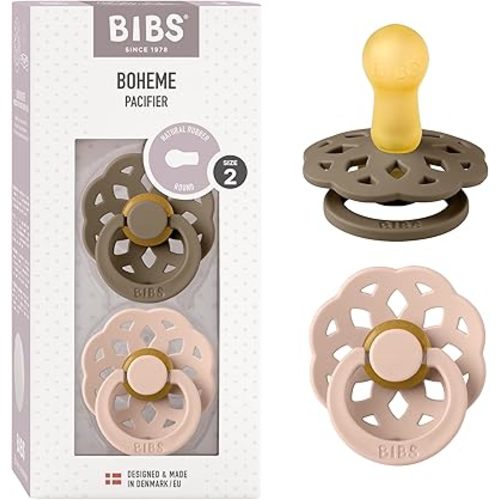 BIBS Pacifiers - Boheme Collection | BPA-Free Baby Pacifier | Made in Denmark | Set of 2 Dark Oak/Blush Color Premium Soothers | Size 6-18 Months