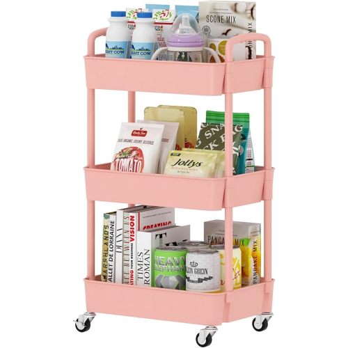 Sywhitta 3-Tier Plastic Rolling Utility Cart with Handle, Multi-Functional Storage Trolley for Office, Living Room, Kitchen, Movable Storage Organizer with Wheels, Pink