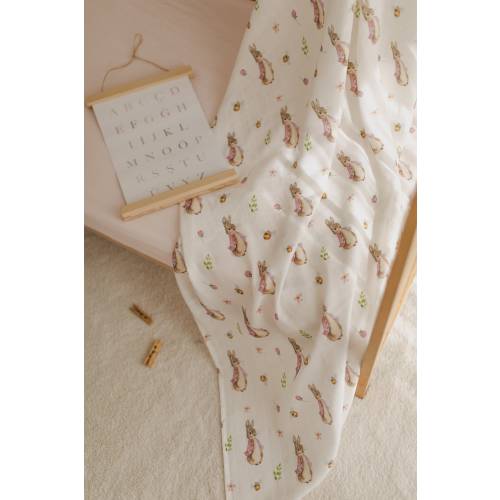 Delicate Pink Peter Rabbit Muslin Swaddle: Organic Bamboo-Cotton Blend, Ideal for Baby Girls, Nature-Inspired Baby Blanket