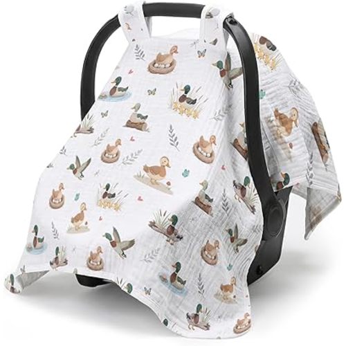 Car Seat Cover Baby Boy Girl, Breathable Muslin Cotton Baby Car Seat Cover Canopy, Carseat Covers Canopies for Summer Sunshade Babies, New Mom Gifts for Newborn Essential Gift Set, White Duck