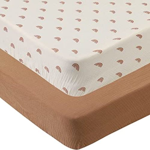 Muslin Crib Sheets Soft Breathable 100% Cotton Toddler Bed Fitted Sheets Standard 28" x 52" Baby Crib Mattress Cover 2 Pack for Boy and Girl, Natural and Rainbow