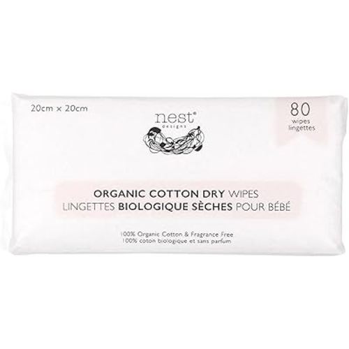 Nest Designs Organic Cotton Dry Baby Wipes for Sensitive Skin, Chemical-Free, 80 Wipes per Pack