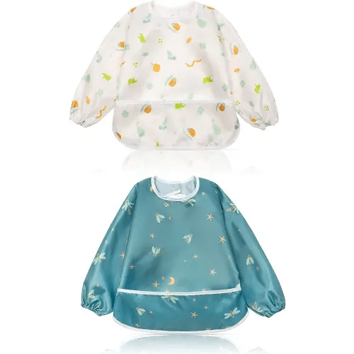 Little Dimsum Mess-Proof Baby Bibs|Infant Toddler Long Sleeve Waterproof Feeding Art Smock|Catching Food & Wipe Clean| Pack of 2 Colors(ants&dragonflies)