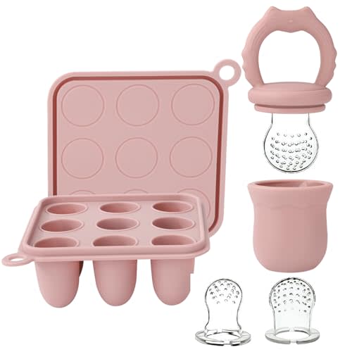 Socub Silicone Baby Fruit Food Feeder & Baby Food Freezer Tray Set, Milk Popsicle Molds for Baby Teething Relief, Baby Food Pacifier Feeder for Infants Self Feeding, Include 3 Sizes Food Pouch