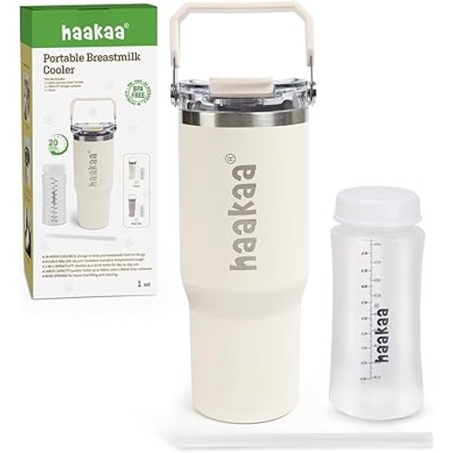 haakaa Portable Breastmilk Cooler 30oz/900ml, Up to 20 Hours of On-the-go Cooling, Larger Capacity Breast Milk Chiller with a 300ml Inner Breastmilk Storage Bottle & Leakproof Lid with Straw & Sip