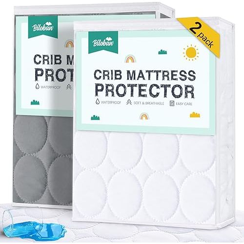 Biloban Crib Mattress Protector 2 Pack, Waterproof, Quilted, Grey & White, Absorbent, Ultra Soft, Noiseless, Durable