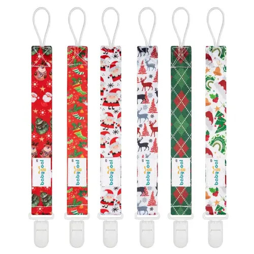 Babygoal Christmas Pacifier Clips, 6 Pack Binky Paci Holder and Leash for Boys and Girls Fits for Most Pacifier, Binkie Styles & Baby Teethers & Toys and Xmas Gift 6PB11