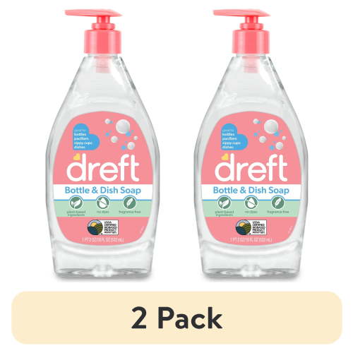 (2 pack) Dreft Plant-Based Liquid Dish Soap and Dishwashing Detergent for Baby Bottle, Fragrance Free Baby Essentials, 18 fl oz