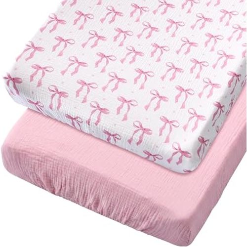 2 Pcs Pink Bow Changing Pad Cover for Girl 32 x 16 inch Muslin Baby Change Table Pad Covers Fitted Coquette Ultra Soft Breathable Supplies for Girl Boy