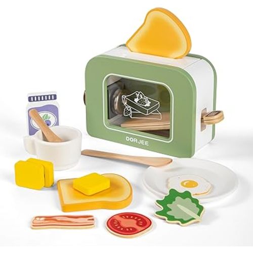 Dorjee Wooden Pop Up Toaster Set 15 Pcs Play Kitchen Playset - Play Toaster Wooden Toy Food Kids Gift Girls & Boys Toddler