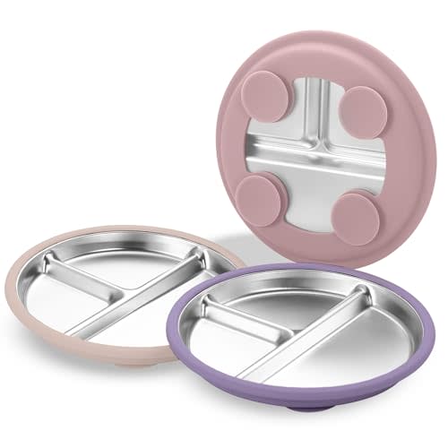 3Pack Stainless Steel Kids Plates, 8.1" Divided Kids Plate with Removable Silicone Suction Sleeves for Baby Highchairs, Non Toxic BPA Free Non-Slip Unbreakable Snack Lunch Plates