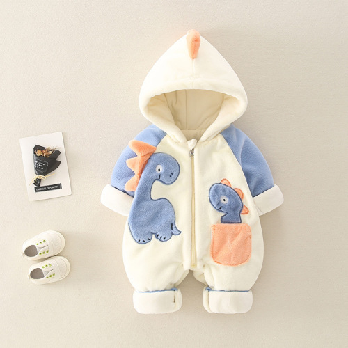 Winter Baby Boy/Girl Winter Dinosaur Patch Long Sleeve Thicken Fuzzy Hooded Romper