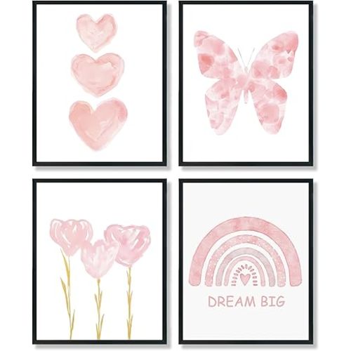 ULEGIE Toddler Girl Room Decor, Pink Girls Room Nursery Dream Big Wall Art Prints Set of 4, Watercolor Pink Butterfly Rainbow Floral Posters Decor for Toddler Baby Room, 8x10 Inch Unframed