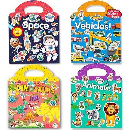 Reusable Sticker Books for Kids, 4 Sets Travel Removable Toddler Sticker Books for 3 4 5 Year Old Girls Boys - Vehicle, Space,Dinosaur & Zoo Animal