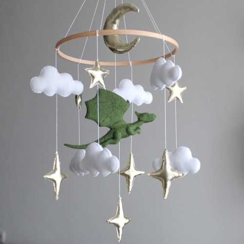 Felt dragon baby crib mobile Green dragon nursery decor Fairy baby mobile for fantasy nursery Hanging dragon Fairy tale baby shower gift