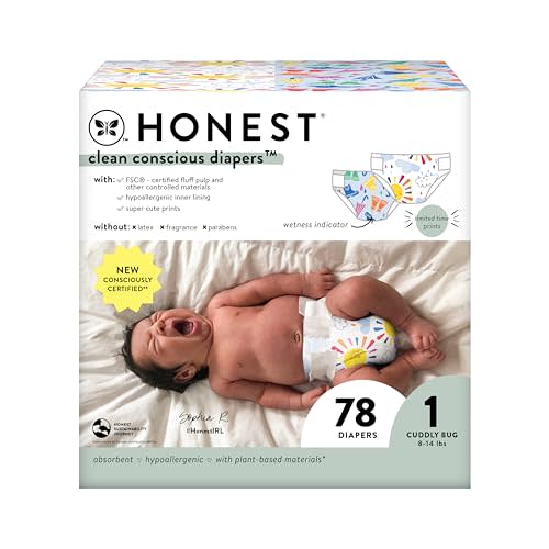 The Honest Company Clean Conscious Diapers Plant-Based, Sustainable Limited Edition Prints Club Box, Size 1 (8-14 lbs), 78 Count