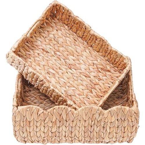 Large Wicker Storage Basket 16"L x 12"W x 7"H, Rectangle Water Hyacinth Basket for Organizing, Decorative Woven Rattan Baskets, Scalloped Edge Basket with Built-in Handles, Set of 2
