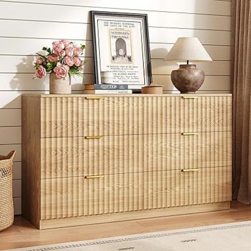 Fluted 6 Drawer Dresser for Bedroom,47.2''W Modern Dresser for Closet with Metal Handle, Wooden Chest of Drawers for Bedroom, Living Room, Hallway, Natural