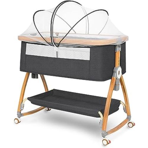 Baby Bassinet, Bedside Bassinet for Baby, 6 Height Adjustable Baby Bed, 3 in 1 Bassinet Bedside Sleeper with Wheels, Mosquito Net, Portable Bedside Crib for Infant/Baby/Newborn (Deep Grey)