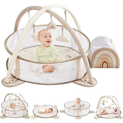 Beright 5-in-1 Baby Gym & Play Mat,Play Gym & Ball Pit with Sensory Toys for Newborn Infant Toddler to Develop Motor&Cognition, Balls Included, Rainbow