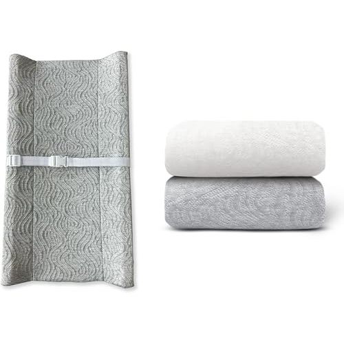 Contoured Changing Pad w/Cover (Gray, Wave) + Replacement Covers - 2 pk (Off White & Gray, Wave)