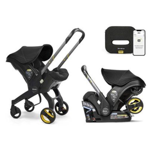 Doona Ultimate Peace of Mind Bundle Travel System - Black: 5-Point Harness, Rubber Tires, Rear Facing Seat