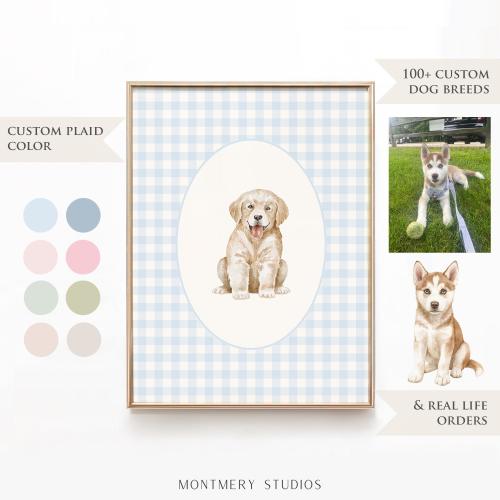 Custom Puppy Nursery Art, 100+ Dog Breeds, Personalized Plaid (Blue, Pink, Green, Beige, Gray) Dog Nursery Decor for Baby Boy, Girl, Digital