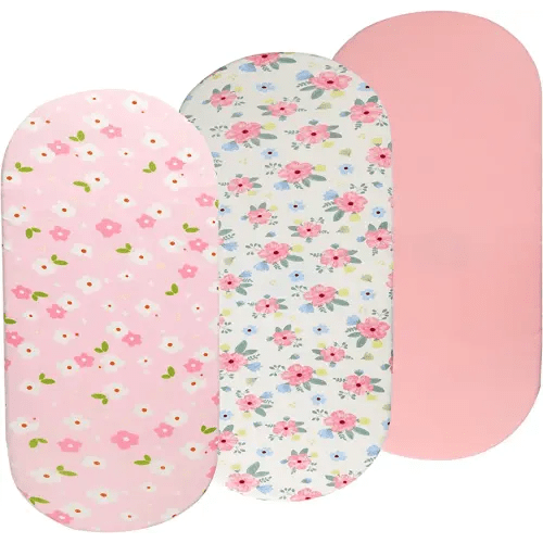 Bassinet Sheets Set 3 Pack for Baby Girl, Stretchy Soft Jersey Knitted Fitted Sheet Universal for Oval Rectangle and Hourglass Bassinet Mattress, Pink Floral