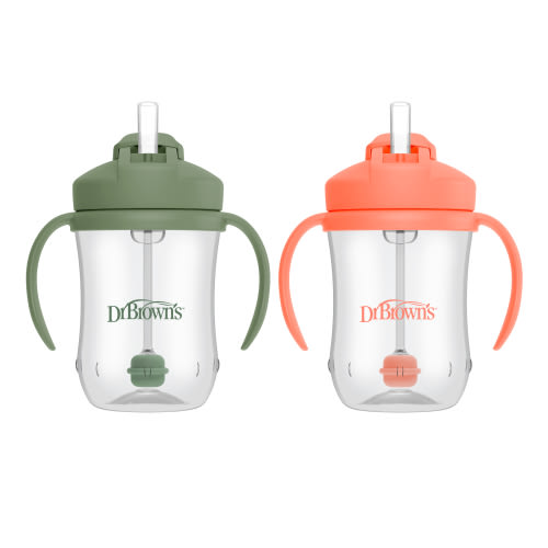 Dr. Brown’s Milestones Baby’s First Straw Cup, Training Cup with Weighted Straw, 9oz/270ml, 2 Pack, Coral & Olive Green, 6m+