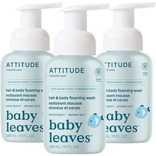 ATTITUDE 2-in-1 Hair and Body Foaming Baby Wash, EWG Verified Shampoo Soap, Dermatologically Tested, Made with Naturally Derived Ingredients, Vegan, Good Night, 10 Fl Oz (Pack of 3)