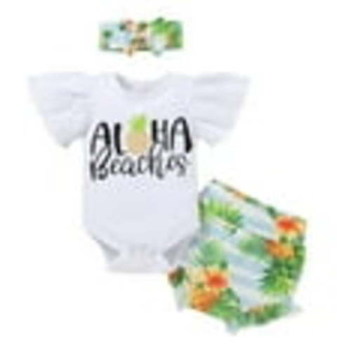 IBTOM CASTLE Newborn Baby Girls Casual Clothes Ruffles Sleeve Romper + Fruit Floral Bottoms Shorts + Headband 3PCS Summer Birthday Outfits 6-9 Months Pineapple