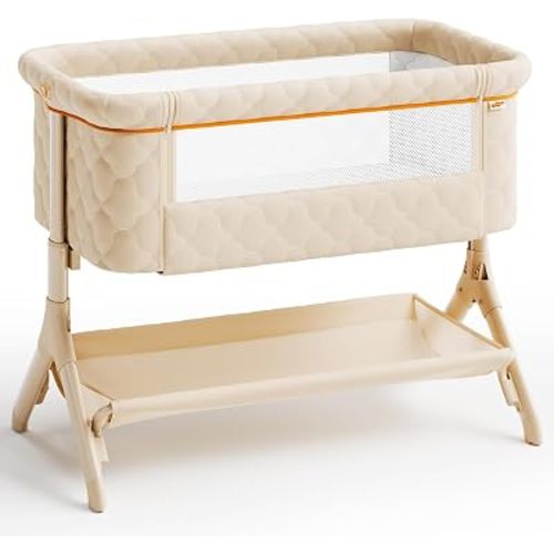 Pamo babe Bedside Bassinet for Baby, 3-in-1 Foldable Travel Bassinet with Wheels, Portable Baby Bassinet Adjustable Height, Storage Bag, Baby Bedside Sleeper Ideal Gift for Newborn Parents (Beige)