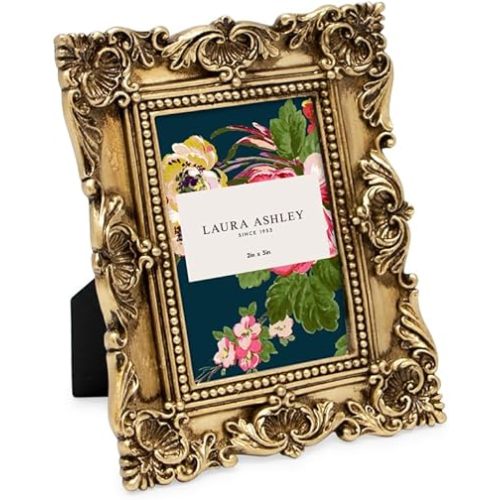 Laura Ashley 2x3 Gold Ornate Textured Hand-Crafted Resin Picture Frame with Easel, for Tabletop & Wall Display, Decorative Floral Design Home Décor, Photo Gallery, Art & More (2x3, Gold)