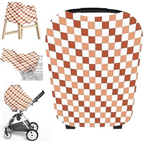 Premium Soft, Stretchy Car Seat Cover for Girls and Boys - Stretchy Carseat Canopy, Nursing Cover, Grocery Cart Cover, High Chair Cover Shopping Cart Cover for Baby(Caramel Checkered)
