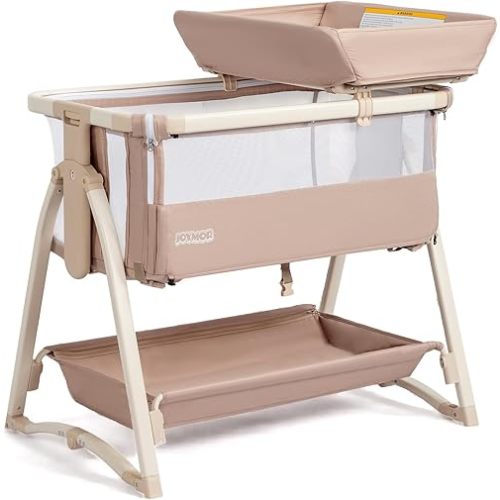 JOYMOR Baby Bassinet, 5 in 1 Bassinet Bedside Sleeper with Changing Table for Baby, 7 Height Adjustable, Rocking Bed with Wheels Mattress, Mosquito Net, Storage Basket for Newborn