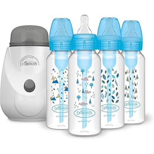 Dr. Brown’s Insta-Feed Bottle Warmer and Sterilizer with Anti-Colic Options+ Narrow Baby Bottles 8 oz/2500 mL, with Level 1 Slow Flow Nipple, 4 Pack, Blue Nature, 0m+