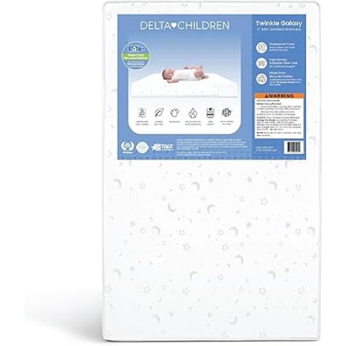 Delta Children Twinkle Galaxy Limited 4-inch Mini Crib Mattress - Premium Sustainably Sourced Fiber Core - Waterproof - GREENGUARD Gold Certified (Non-Toxic) - 5 Year Warranty - Made in USA