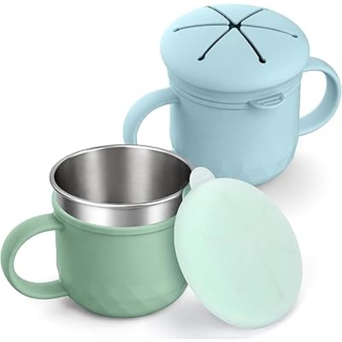 BUSOHA 2 Pack Stainless Steel Snack Containers – 4 in 1 Spill Proof Snack Cup for Kids with Silicone Lids,Reusable Toddler Snack Containers,Metal Food Storage for Lunch Box,Travel,Blue+Green
