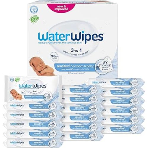 WaterWipes Sensitive+ Newborn & Baby Wipes, 3-In-1 Cleans, Cares, Protects, 99.9% Water, Unscented & Hypoallergenic, 1080 Count (18 Packs)