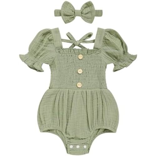 Baby Girl Romper Newborn Puff Sleeve Smocked Outfit with Headband for Infants Soft Cotton Photo Shoot