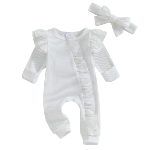 ZINTAOZT Newborn Baby Girl Clothes Solid Ruffled Zipper Knit Romper Jumpsuit Headband Set Coming Home Hospital Outfits