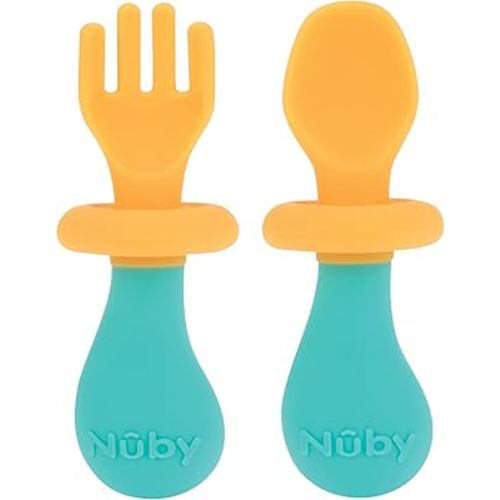 Nuby First Fork and Spoon Set - Utensils with Safety Guards for Babies 6+ Months - Orange and Aqua