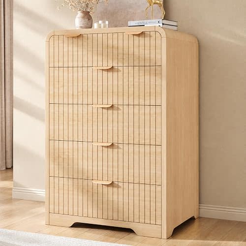Jocoevol Fluted 6 Drawer Dresser for Bedroom - 43" Tall Dresser Chest of Drawers, Fluted Dresser for Bedroom, Metal Handle,Wood Dresser for Living Room, Bedroom, Entryway, Hallway（Light Wood）