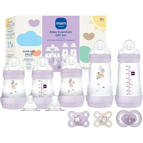 MAM Newborn Essentials Must Have for 0-3 Months, Matte Feeding Set, Easy Start Anti-Colic Bottles 5oz, Self-Sterilizing, Baby Gift, Pacifiers, Skinsoft Silicone Nipples, 10 Pieces for Girl