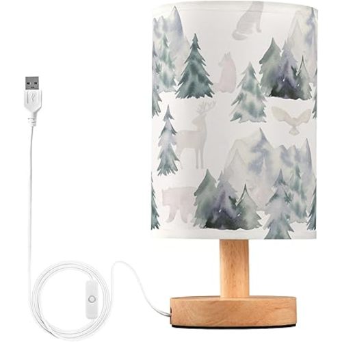 Table Lamp Watercolor Winter Forest Tree Animal Mountain Bear Deer Owl Nightstand Lamp with Wood Base Fabric Lamp Shade Bedside Desk Lamp for Living Room Bedroom Kids Room Office