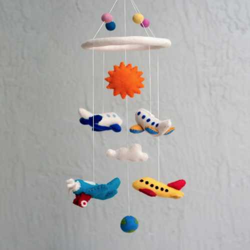 Airplane Mobile for Nursery-Handmade Wool Felt-Made in Nepal-Baby Crib Aircraft Felt Mobile-Air Craft Felt Mobile-Aviation Mobile Nursery