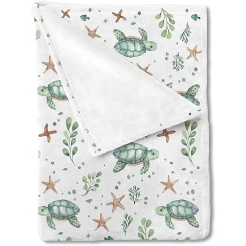 Unisex Watercolor Ocean Animals Nursery Baby Throw Gift Blanket for Boys Girls, Cute Sea Turtle Starfish Fishes Pattern Swaddle Receiving Bed Blanket for Newborn Toddlers Kids-30x40